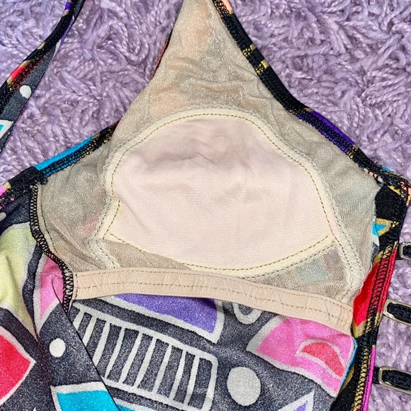 10 VTG La Blanca Funky Geometric Print Neon Gold High Cut One Piece Swimsuit - Picture 10 of 12